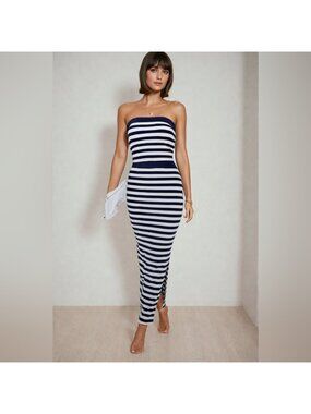 Blue/White Striped Print Tube Top & Split Hem Skirt
